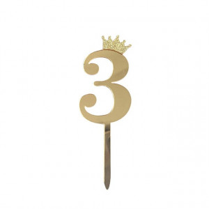 Логотип «Топпер, Цифра, 3, с короной, Золото, Металлик, 7*18 см, 1 шт.»