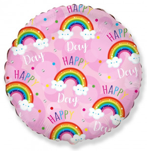 Логотип «Шар (18''/46 см) Круг, Happy Day (радуга в облаках), Розовый, 1 шт.»