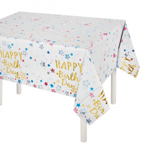 Логотип «Скатерть одноразовая, Happy Birthday (звезды), Белый, Металлик, 137*183 см, 1 шт.»