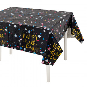 Логотип «Скатерть одноразовая, Happy Birthday (звезды), Черный, Металлик, 137*183 см, 1 шт.»