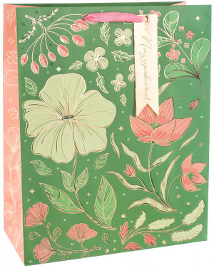 Логотип «Пакет подарочный, 210гр, Поздравляю (золотые цветы), Металлик, 32*26*12 см, 1 шт.»