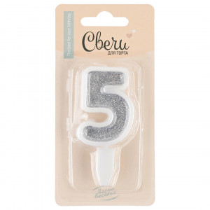 Логотип «Свеча Цифра, 5, Серебро, с блестками, 5 см, 1 шт. с держат.»