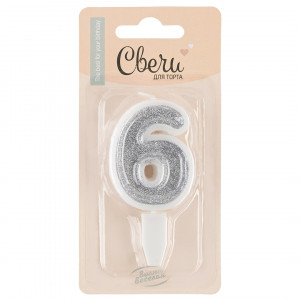 Логотип «Свеча Цифра, 6, Серебро, с блестками, 5 см, 1 шт. с держат.»