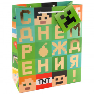 Логотип «Пакет подарочный, Пиксели, С Днем Рождения!, Металлик, 32*26*12 см, 1 шт.»
