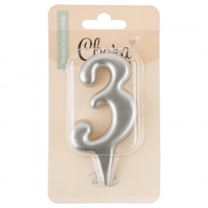 Логотип «Свеча Цифра, 3 Овал, Серебро, Металлик, 7 см, 1 шт. с держат.»