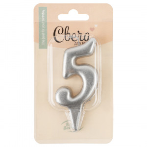 Логотип «Свеча Цифра, 5 Овал, Серебро, Металлик, 7 см, 1 шт. с держат.»