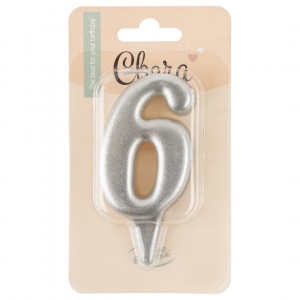 Логотип «Свеча Цифра, 6 Овал, Серебро, Металлик, 7 см, 1 шт. с держат.»