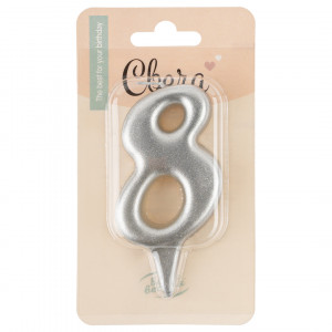 Логотип «Свеча Цифра, 8 Овал, Серебро, Металлик, 7 см, 1 шт. с держат.»