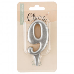 Логотип «Свеча Цифра, 9 Овал, Серебро, Металлик, 7 см, 1 шт. с держат.»