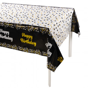 Логотип «Скатерть одноразовая, Happy Birthday (звезды и конфетти), Белый/Черный, Металлик, 137*183 см, 1 шт.»