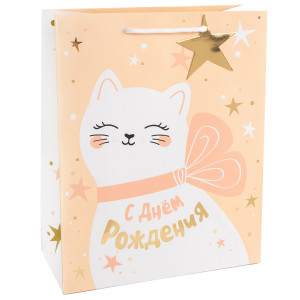 Логотип «Пакет подарочный, 210гр, Кошечка с бантом, Металлик, 41*31*12 см, 1 шт.»