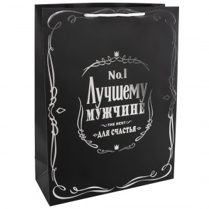 Логотип «Пакет подарочный, 210гр, Лучшему Мужчине, Черный, Металлик, 32*26*12 см, 1 шт.»