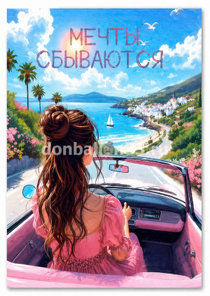 Логотип «Открытка, Мечты сбываются! (девушка в машине), 10*15 см, 1 шт.»