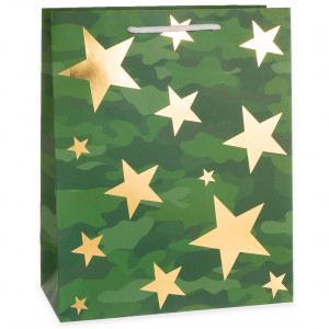 Логотип «Пакет подарочный, 210гр, Золотые звезды, Камуфляж, Металлик, 32*26*12 см, 1 шт.»