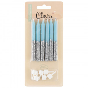 Логотип «Свечи Сверкающий глиттер, Голубой/Серебро, с блестками, 0,77*8 см, 6 шт. с держат.»