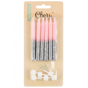 Логотип «Свечи Сверкающий глиттер, Розовый/Серебро, с блестками, 0,77*8 см, 6 шт. с держат.»