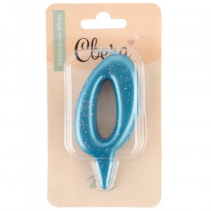 Логотип «Свеча Цифра, 0 Овал, Синий, с блестками, 4*8 см, 1 шт. с держат.»