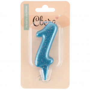 Логотип «Свеча Цифра, 1 Овал, Синий, с блестками, 4*8 см, 1 шт. с держат.»