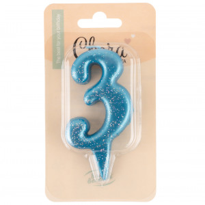 Логотип «Свеча Цифра, 3 Овал, Синий, с блестками, 4*8 см, 1 шт. с держат.»