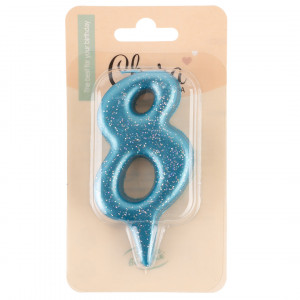 Логотип «Свеча Цифра, 8 Овал, Синий, с блестками, 4*8 см, 1 шт. с держат.»