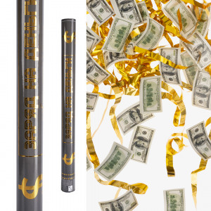 Логотип «Пневмохлопушка (24/60 см), Заряд, Деньги, Доллары и Евро, серпантин фольга, Металлик, 1 шт.»